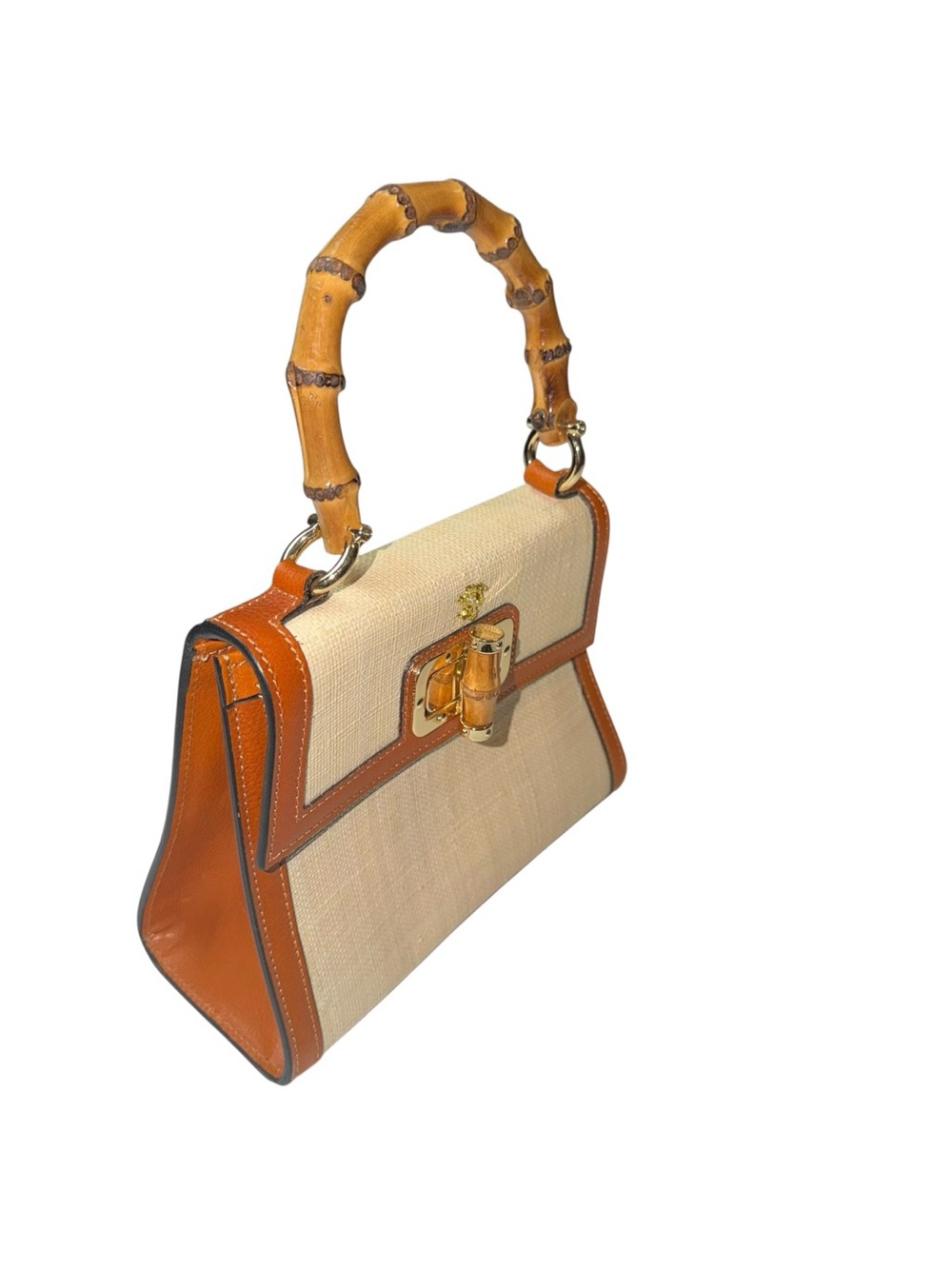 Pratesi Firenze Italy Bamboo Handle Leather Linen Top Handle Satchel Handbag Mad - Picture 2 of 9